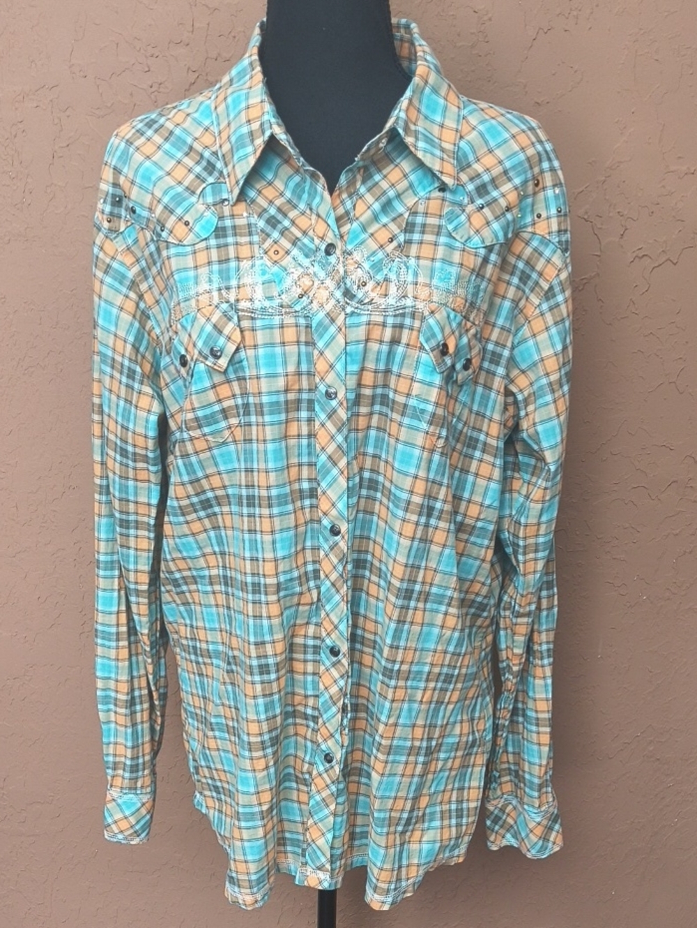 Wrangler Rock 47 Women's Plaid Button-Down Shirt in Turquoise/Tan Size XXL